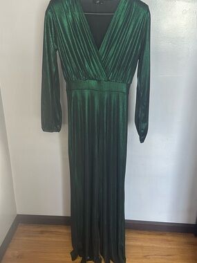 Elegant Metallic Green Long Sleeve Wrap Jumpsuit